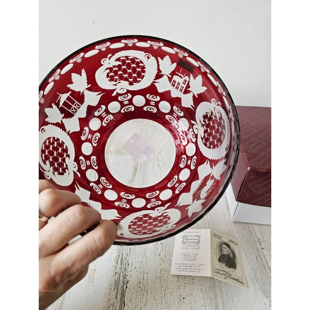 Egermann flair bowl Ruby red cut Bohemian glass‎ deer scene building new
